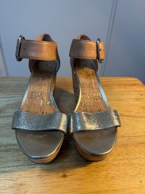 Donald J. Pliner Silver and Tan Cork Wedge Sandals